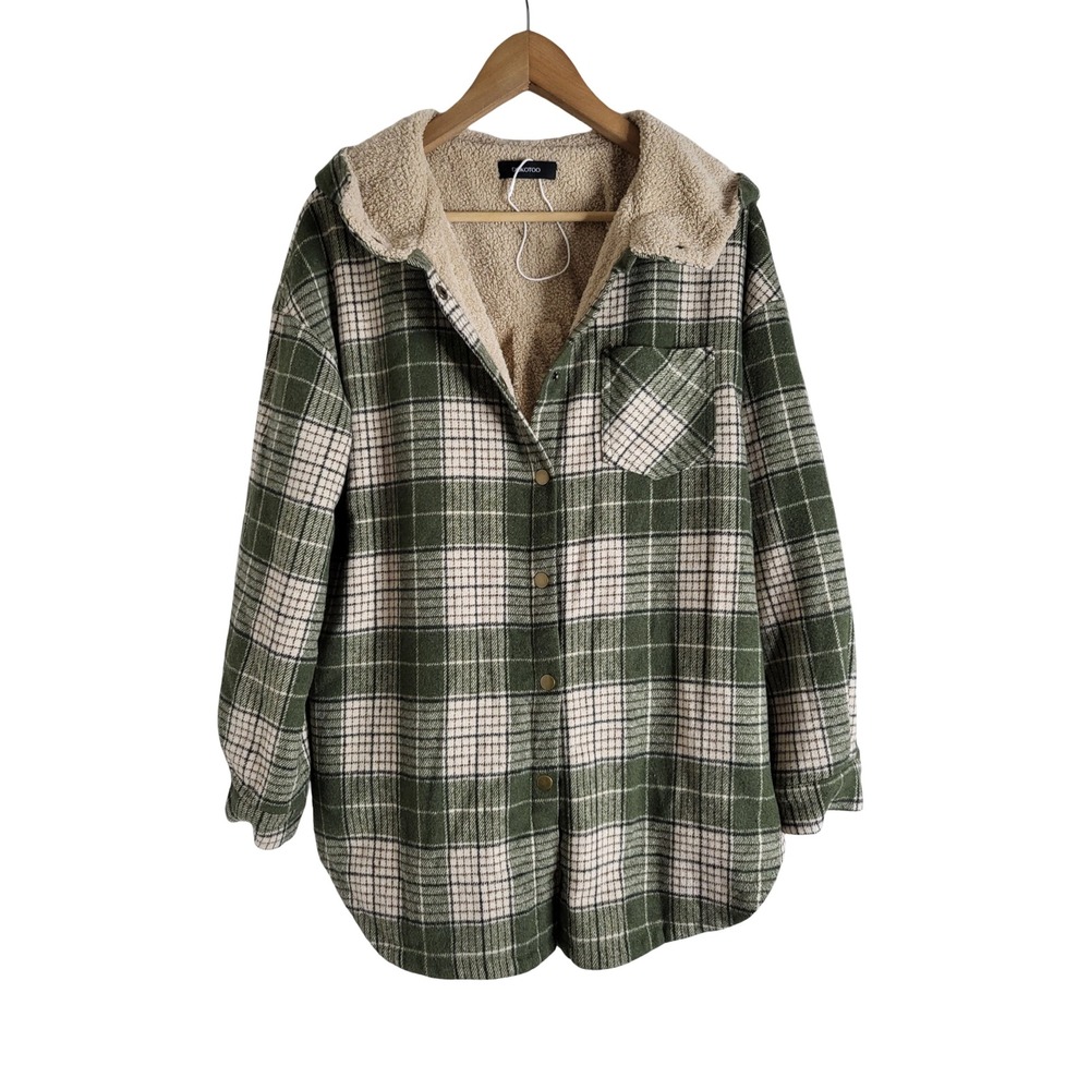 Dokotoo Green Plaid Sherpa Lined Hooded Shacket Flannel Jacket Sz M Streetwear